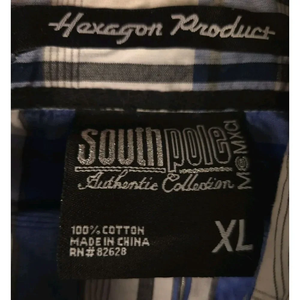 Southpole‎ Mens Button Up Shirt Short Sleeve XL Hexagon Product Blue Stripe